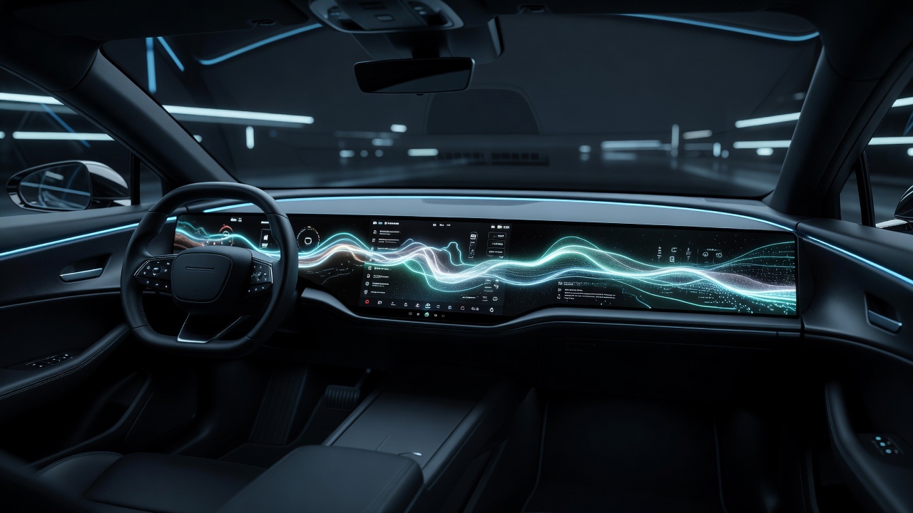 Futuristic EV dashboard with wide digital screen glowing in the cabin