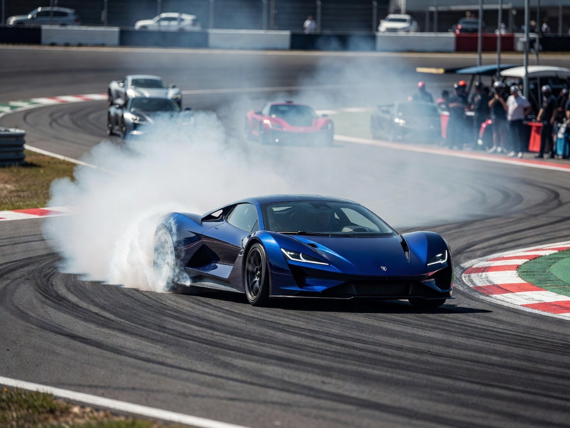 A high performance electric sedan navigating a tight corner on a race track