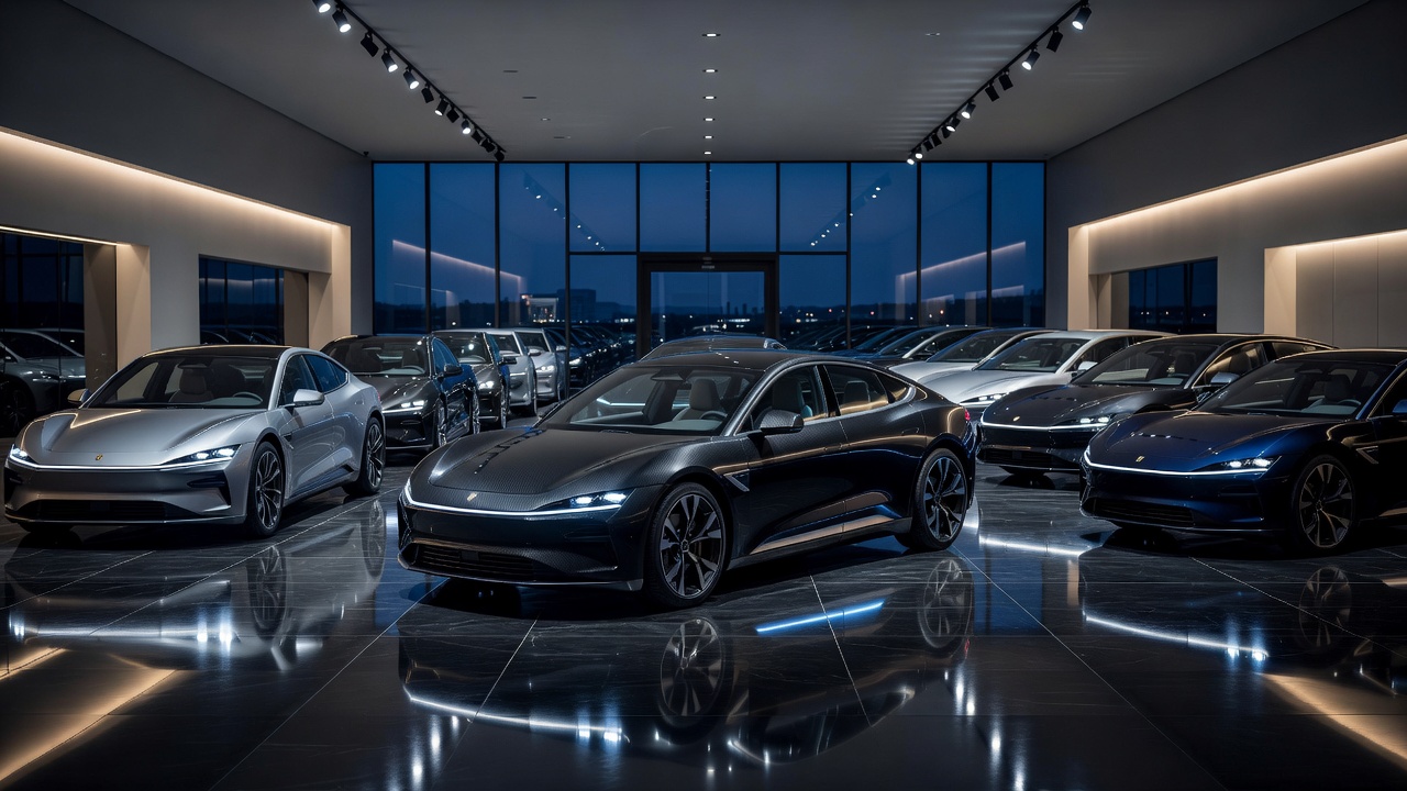 A row of premium electric cars lined up for sale